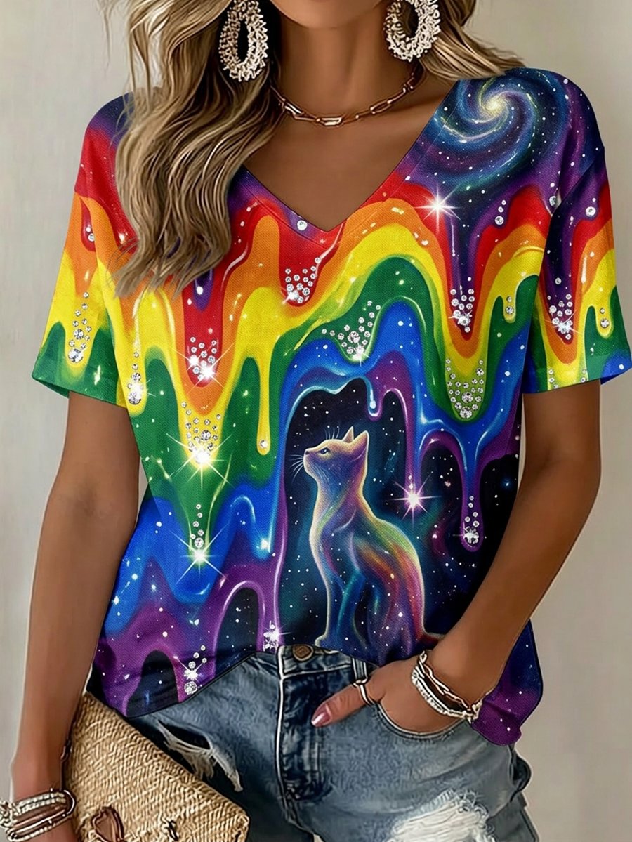 Women's Rainbow Cat Print V-Neck T-shirt