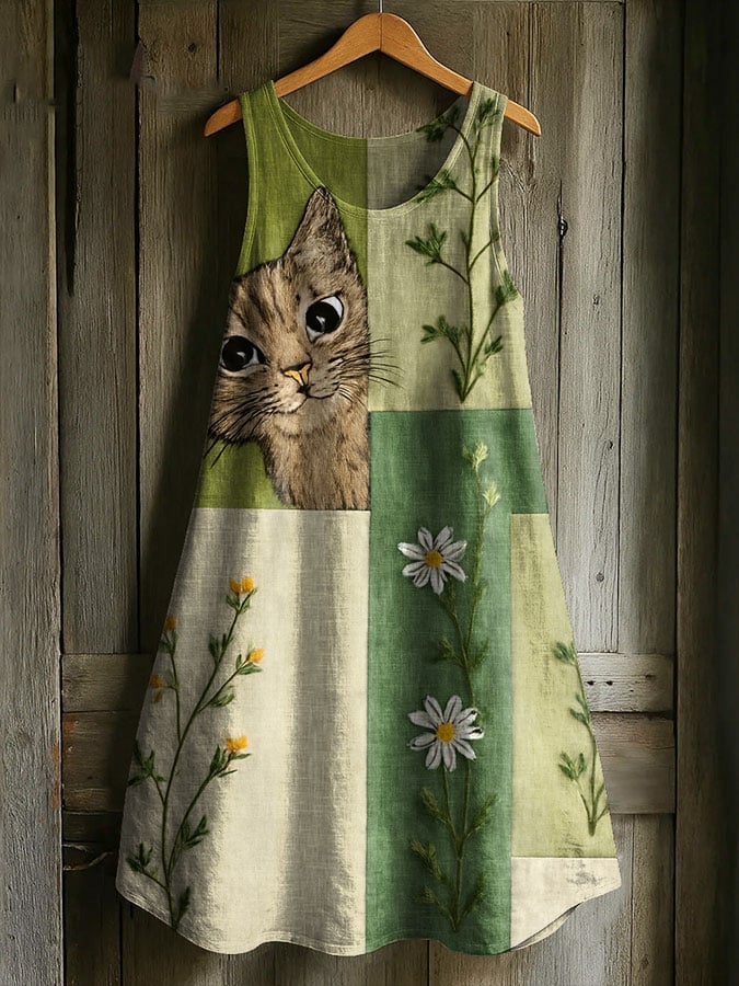 Women's Casual Cute Cat Cotton And Linen Dress