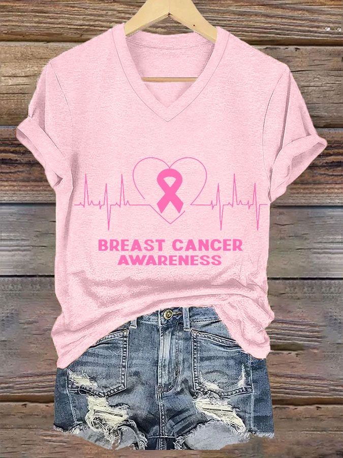 Women's Breast Cancer Awareness Print V-Neck T-Shirt