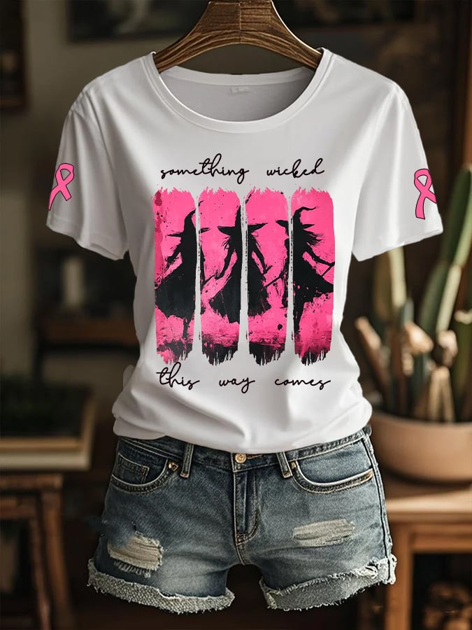 Women's Something Wicked This Way Comes Breast Cancer Awareness Printed T-Shirt