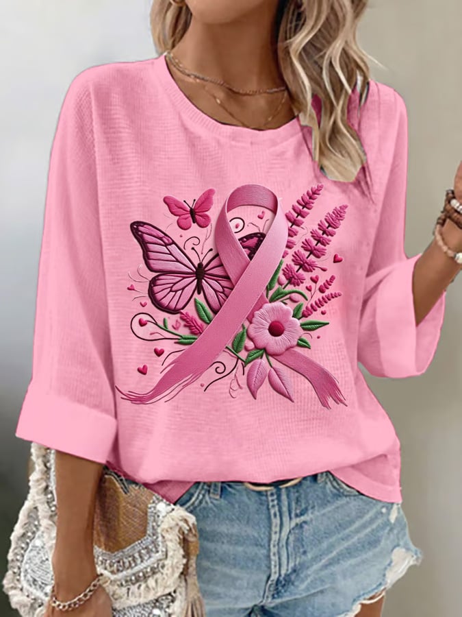 Women's Summer Pink Butterfly Embroidery Printed Casual Top
