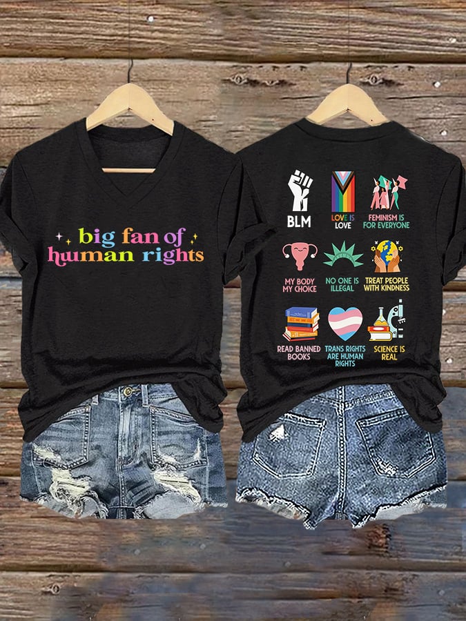 V-Neck Retro Big Fan Of Human Rights Print T-Shirt