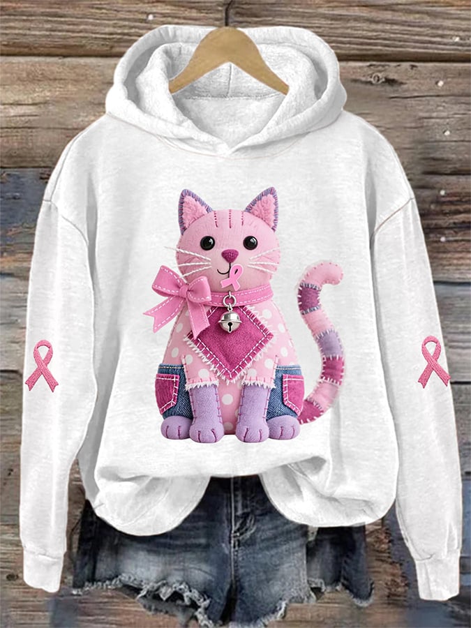 Women's Pink Cat Pink Ribbon Breast Cancer Awareness Support Print Sweatshirt