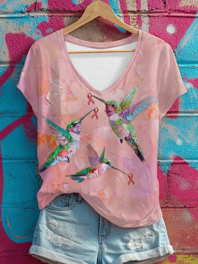 Women's Oil Painting Style Hummingbird Print V-Neck T-Shirt