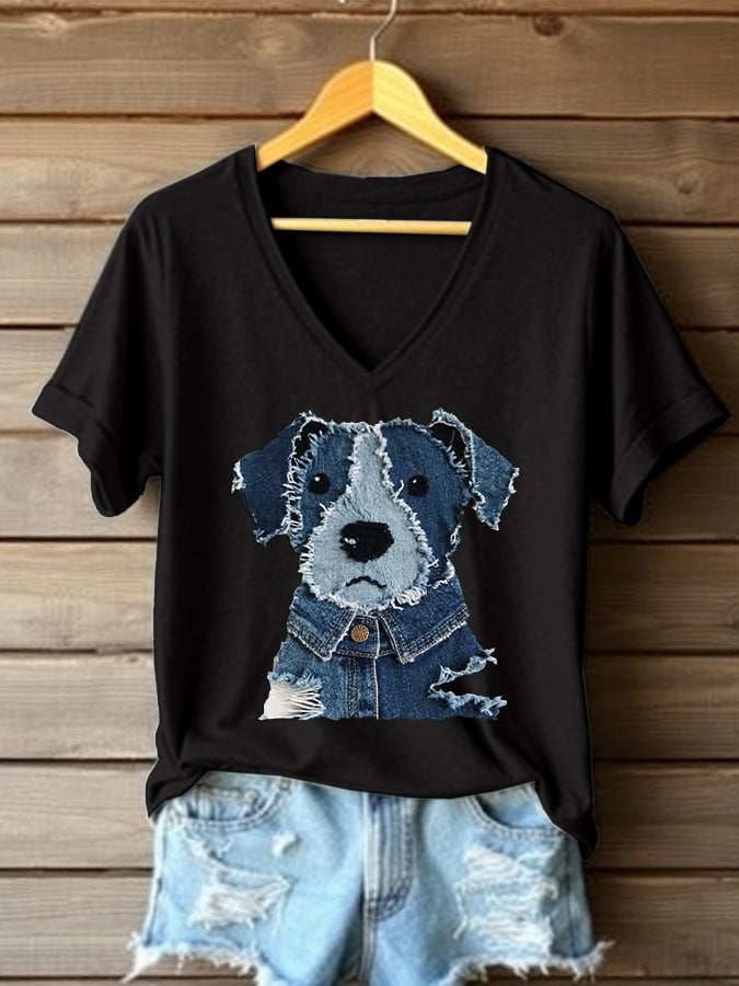 Women's Retro Funny  Animal Dog Print V-Neck T-Shirt