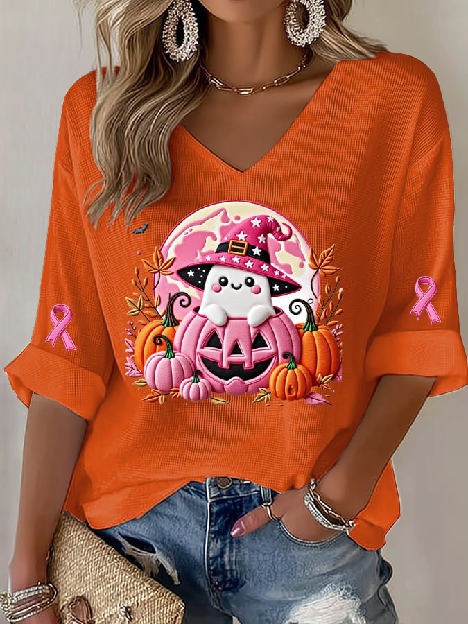 Women's Casual Pink Autumn Ghost Waffle Long-Sleeved T-Shirt