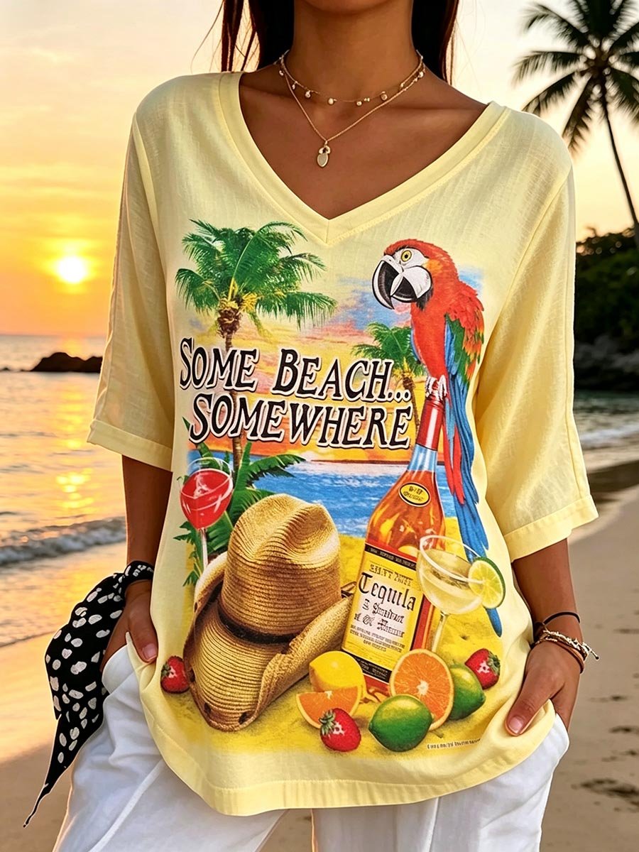 Women's Retro Vacation Hawaiian Print Mid Sleeve T-Shirt