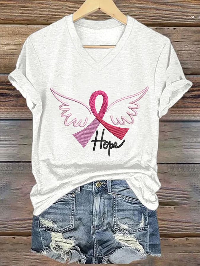 Women's Breast Cancer Awareness Pink Ribbon Hope Print T-Shirt