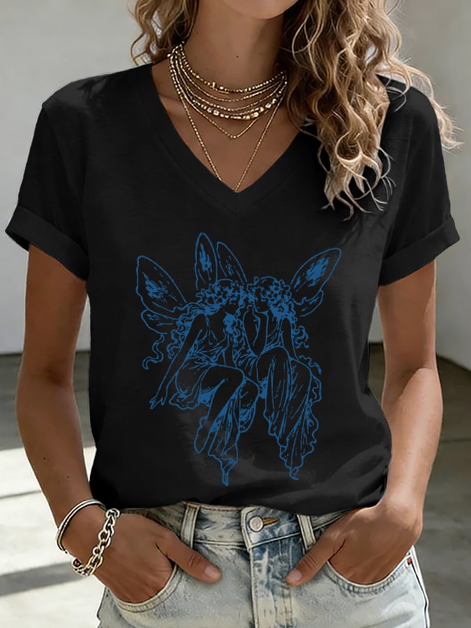 V-Neck Retro Medieval Fairy Subtle Lesbian Print T-Shirt
