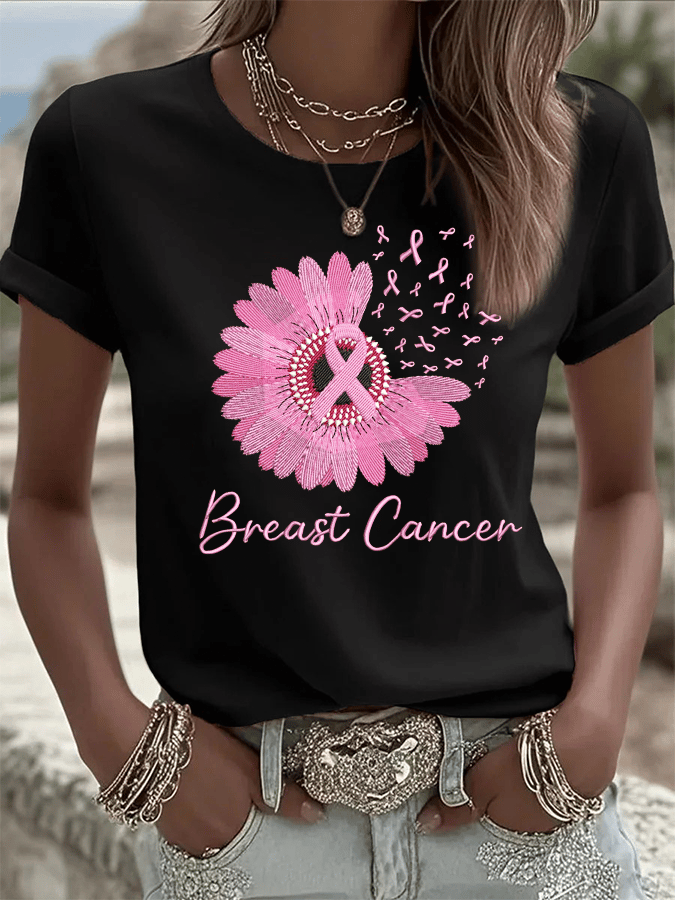 Women's Breast Cancer Awareness Print Crew Neck T-Shirt