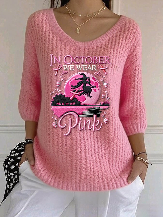 Women's casual retro pink October we wear pink witch sweater