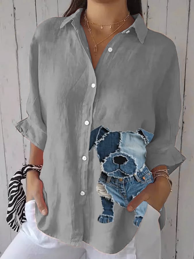 Women's Retro Funny Animal Dog Print Casual Shirt