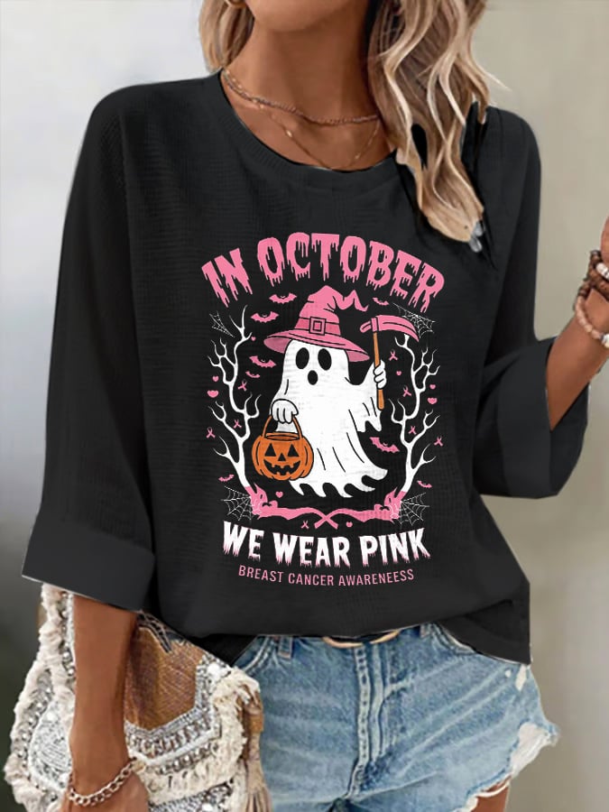 Women's casual October we wear pink waffle ghost long sleeve T-shirt