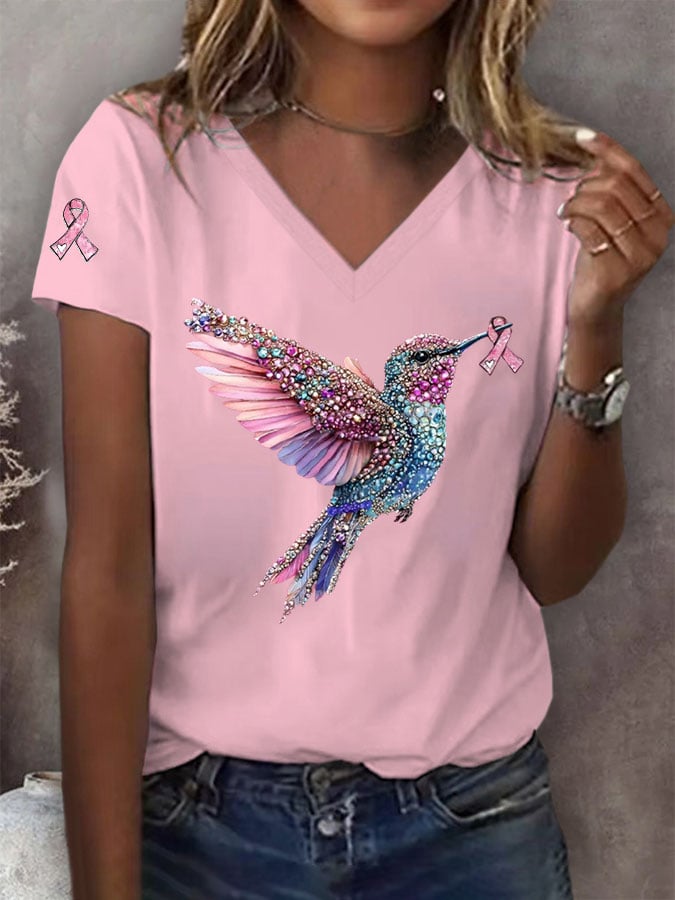 Women's Breast Cancer Hummingbird Print T-Shirt