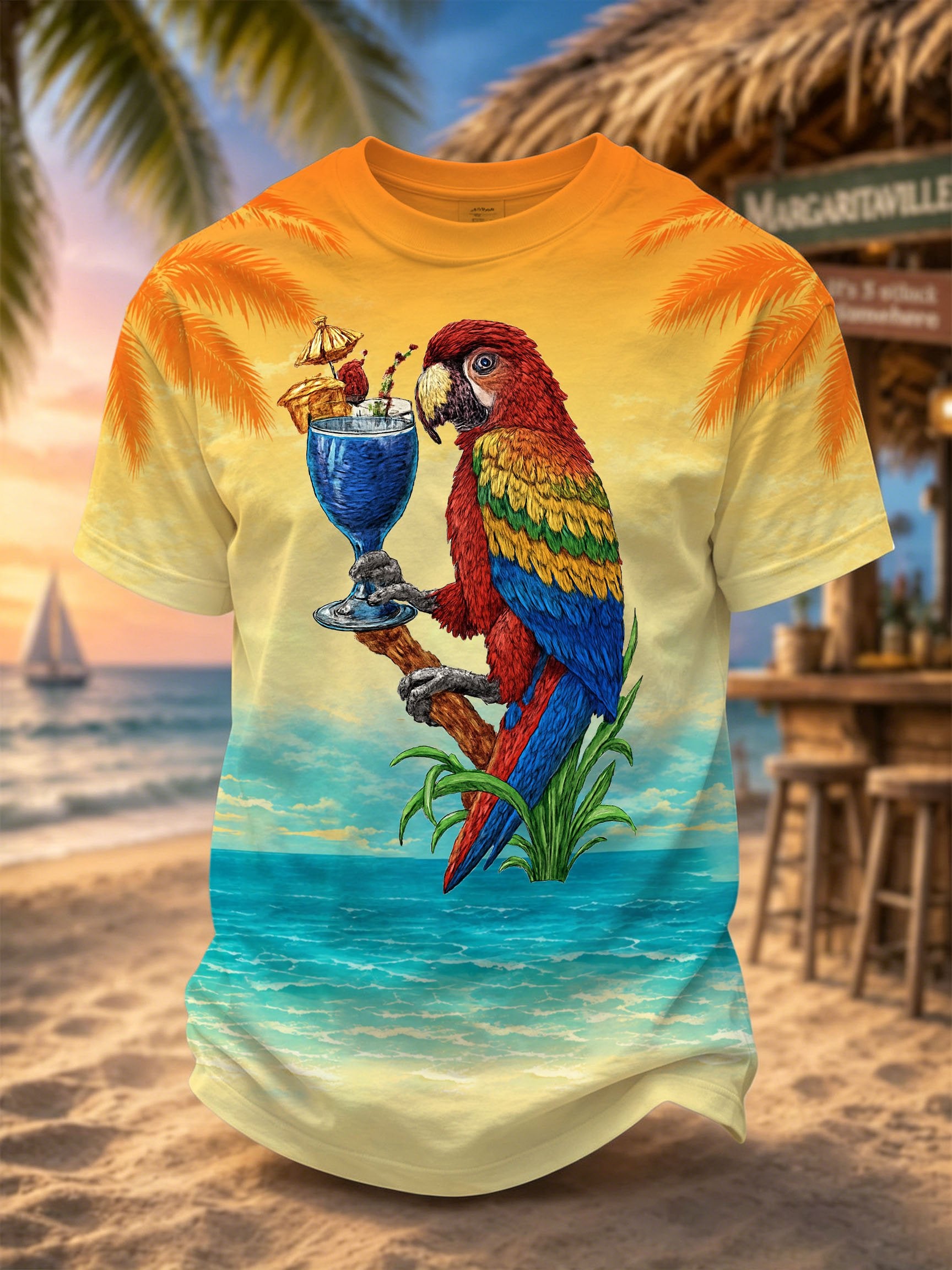 Men's Retro Vacation Music Parrot Printed Casual T-Shirt