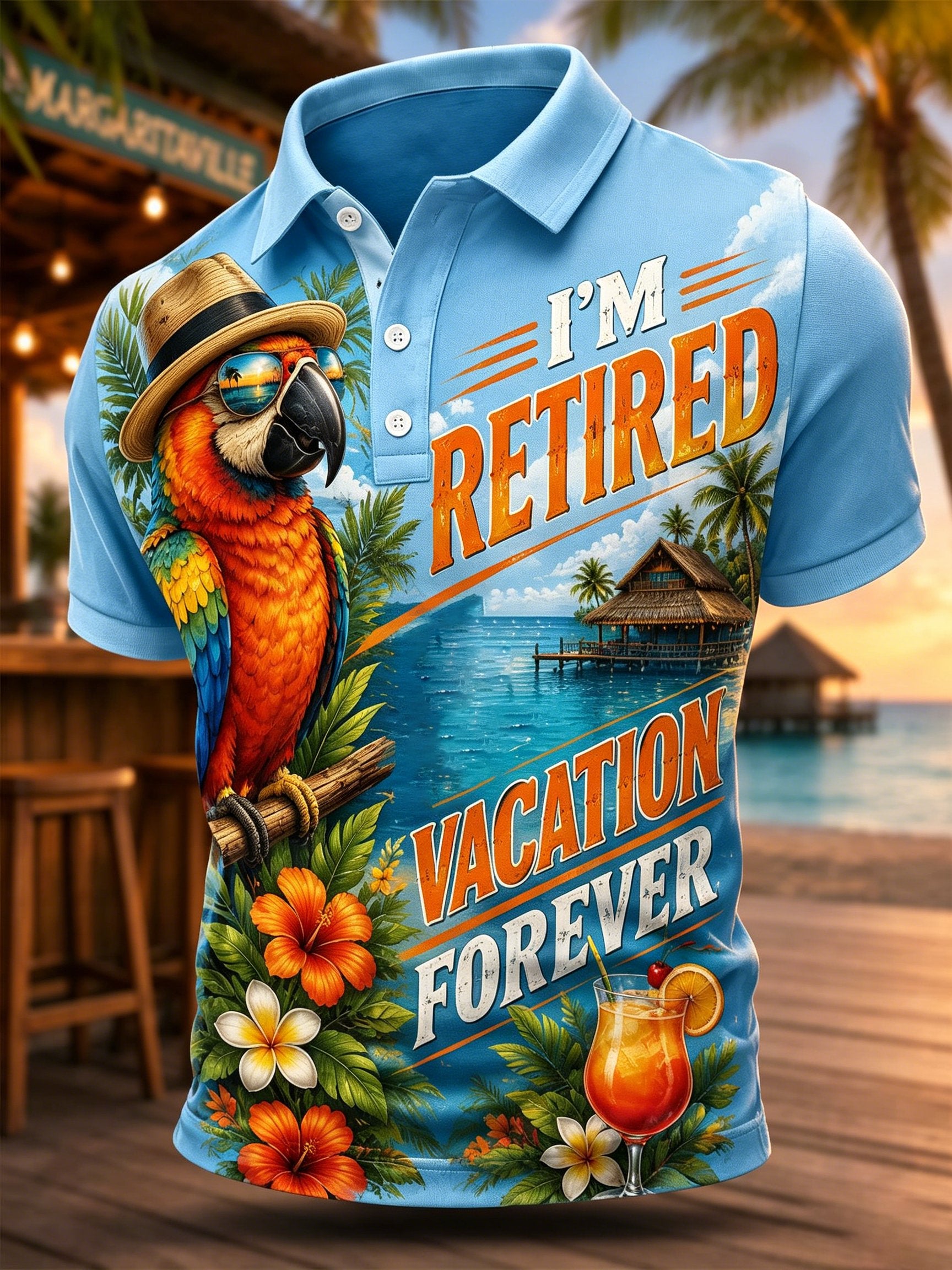 Men's Retro Vacation Music Parrot Print Polo Shirt