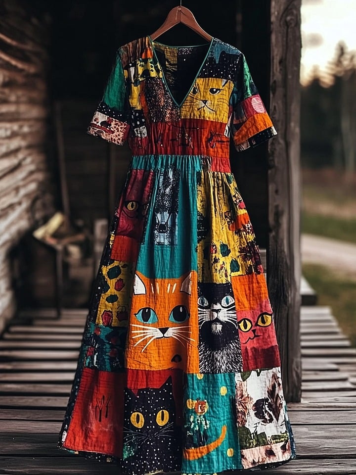 Women's Cute Cat In The Garden Faux Cotton And Linen Printed V-Neck Dress