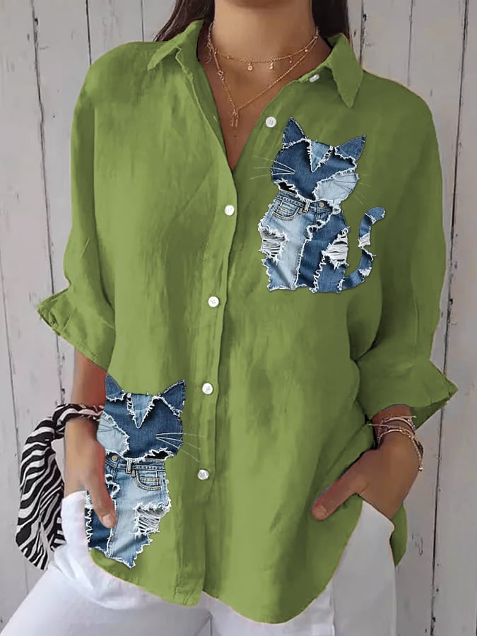 Women's Retro Funny Animal Cat Print Casual Shirt