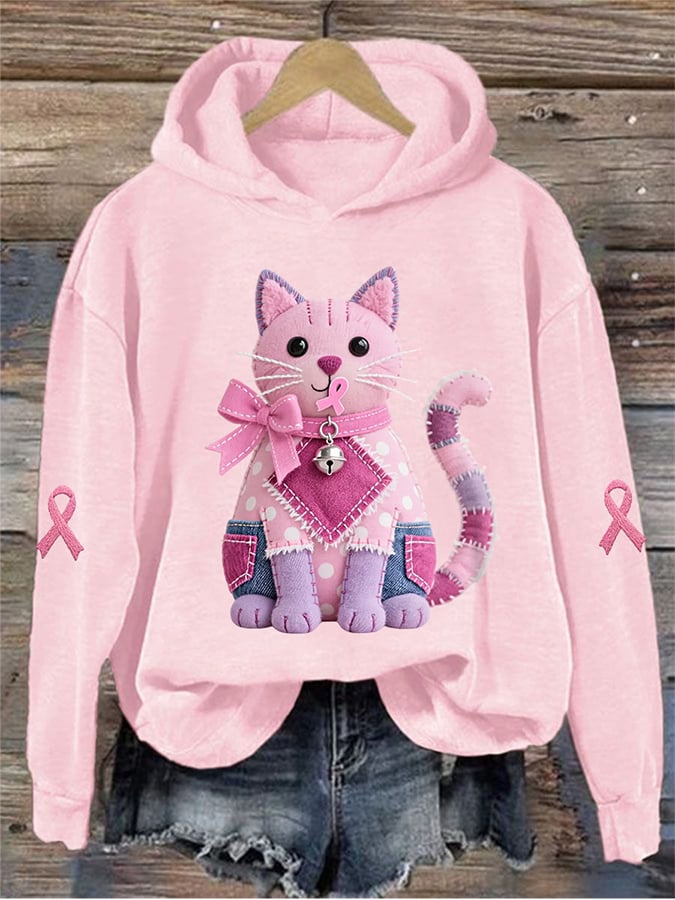 Women's Pink Cat Pink Ribbon Breast Cancer Awareness Support Print Sweatshirt