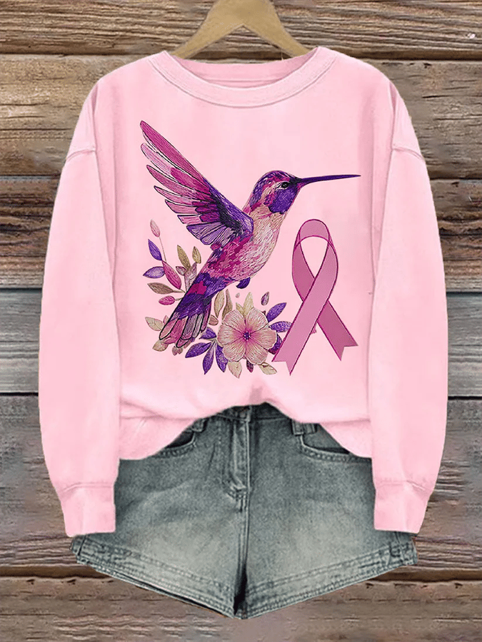 Women's Breast Cancer Awareness Hummingbird Print Crew Neck Sweatshirt