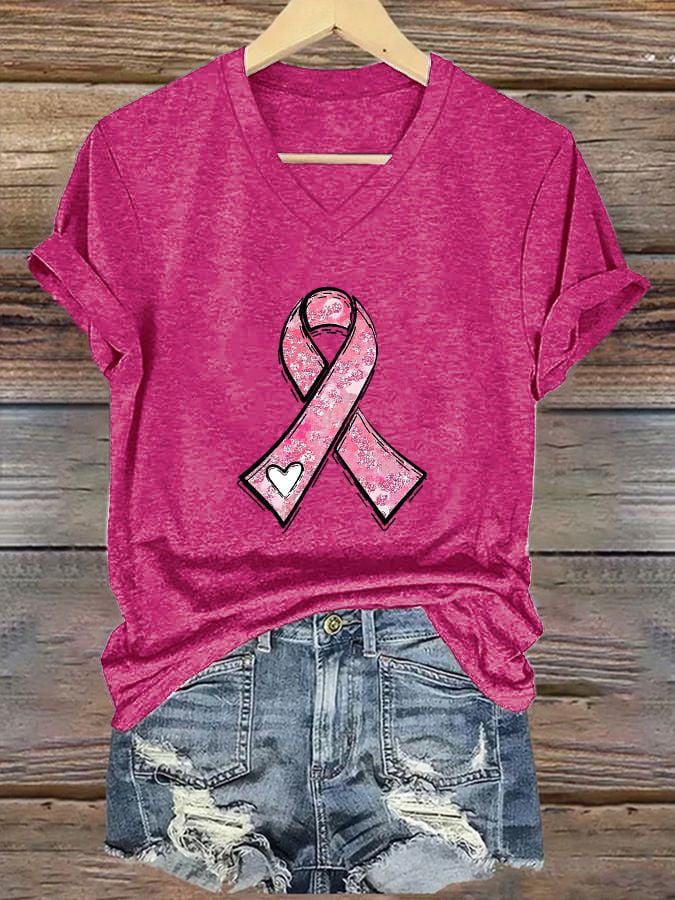 Women's Breast Cancer Awareness Heart Ribbon Print T-Shirt