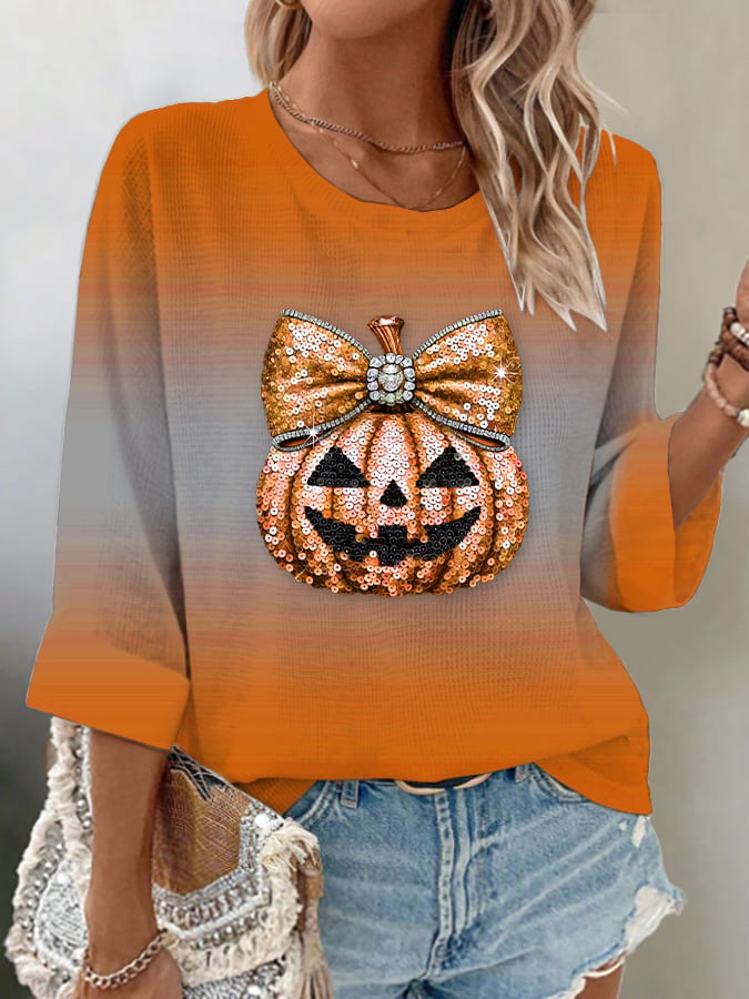 Women's Casual Pumpkin Waffle Long Sleeve Top