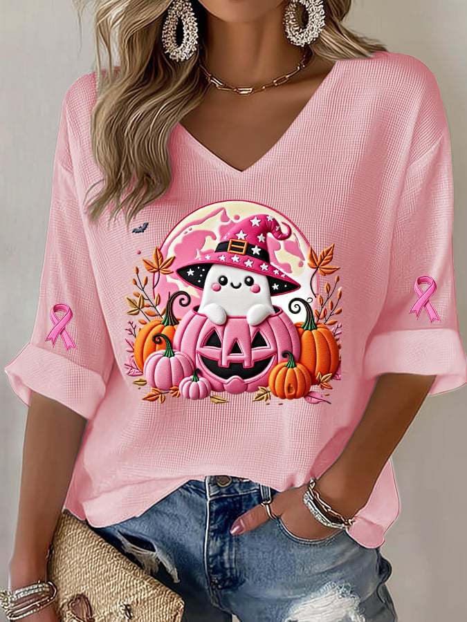 Women's Casual Pink Autumn Ghost Waffle Long-Sleeved T-Shirt