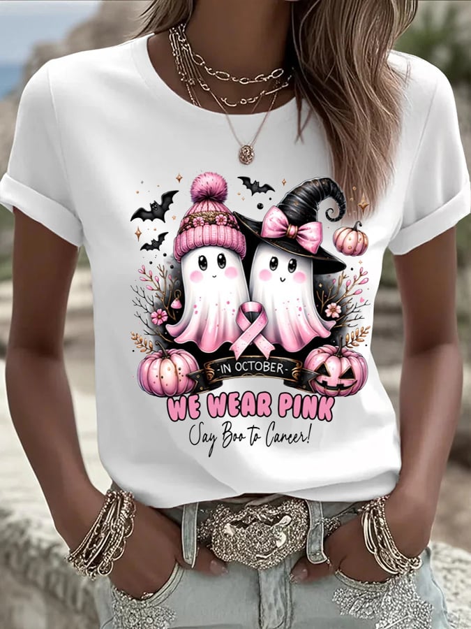 Women's October we wear pink witch print casual T-shirt