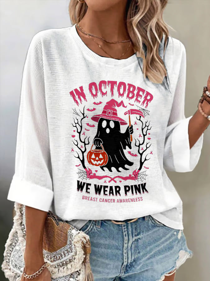 Women's casual October we wear pink waffle ghost long sleeve T-shirt