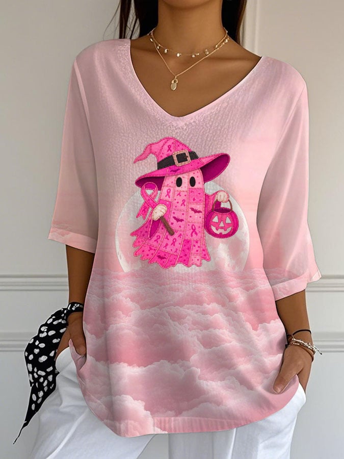 Women's Breast Cancer Awareness design Print Casual V-Neck Top