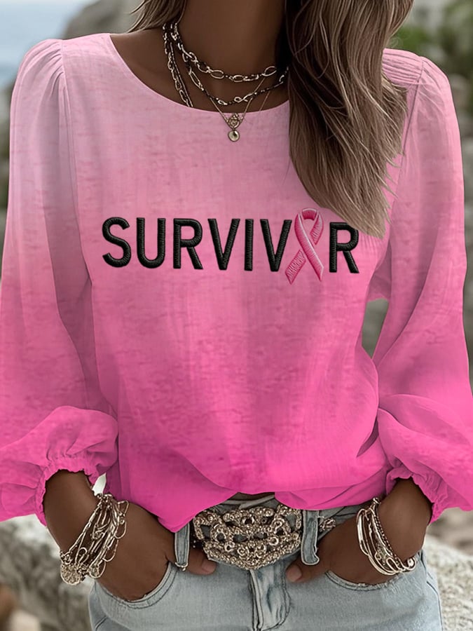 Women's Breast Cancer Survivors Print Round Neck Long Sleeve Linen Blend Shirt