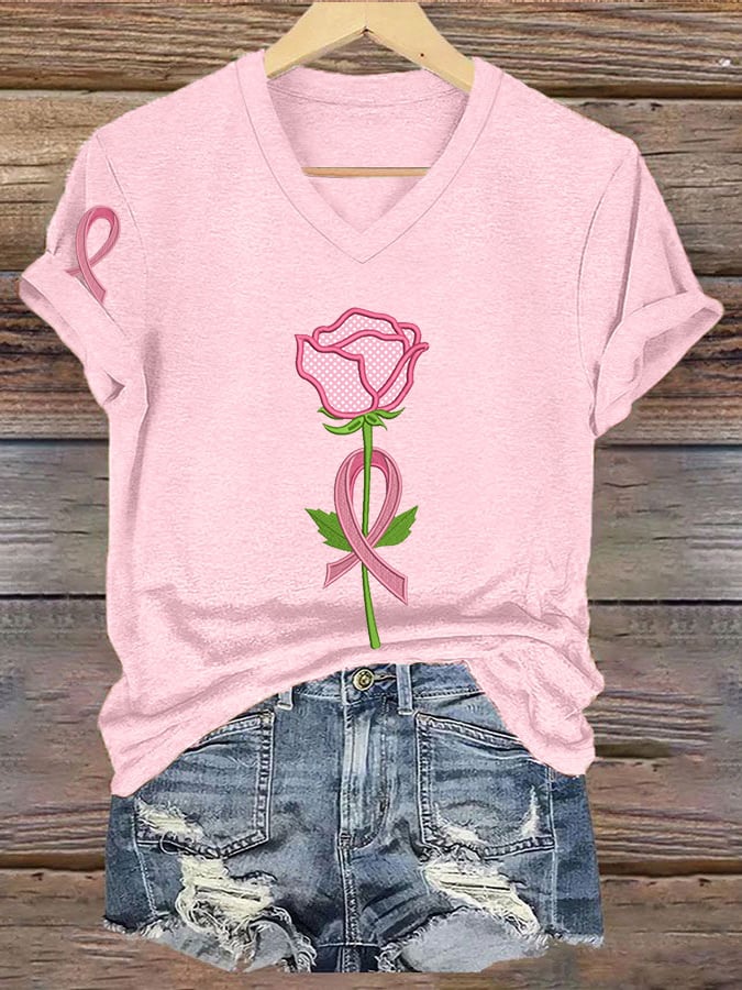 Women'S Casual Breast Cancer Awareness Graphic Print V-Neck Short Sleeve T-Shirt