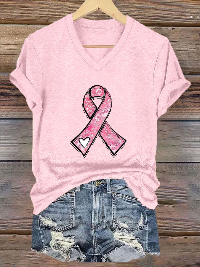 Women's Breast Cancer Awareness Heart Ribbon Print T-Shirt
