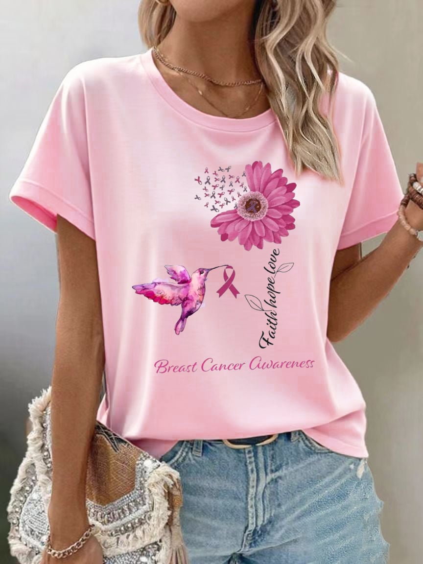 Women's Casual Pink Floral Ribbon Hummingbird T-Shirt