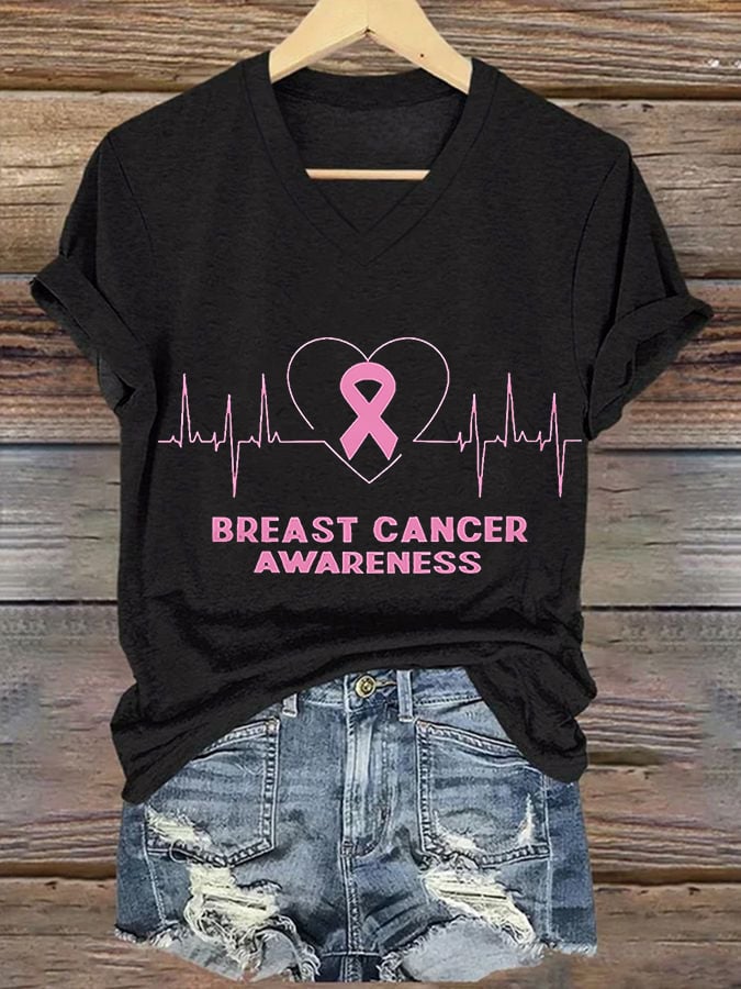 Women's Breast Cancer Awareness Print V-Neck T-Shirt