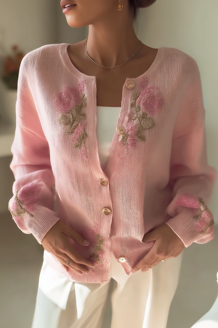 Women's Vintage Pink Floral Embroidery Art Print Long Sleeve Cardigan