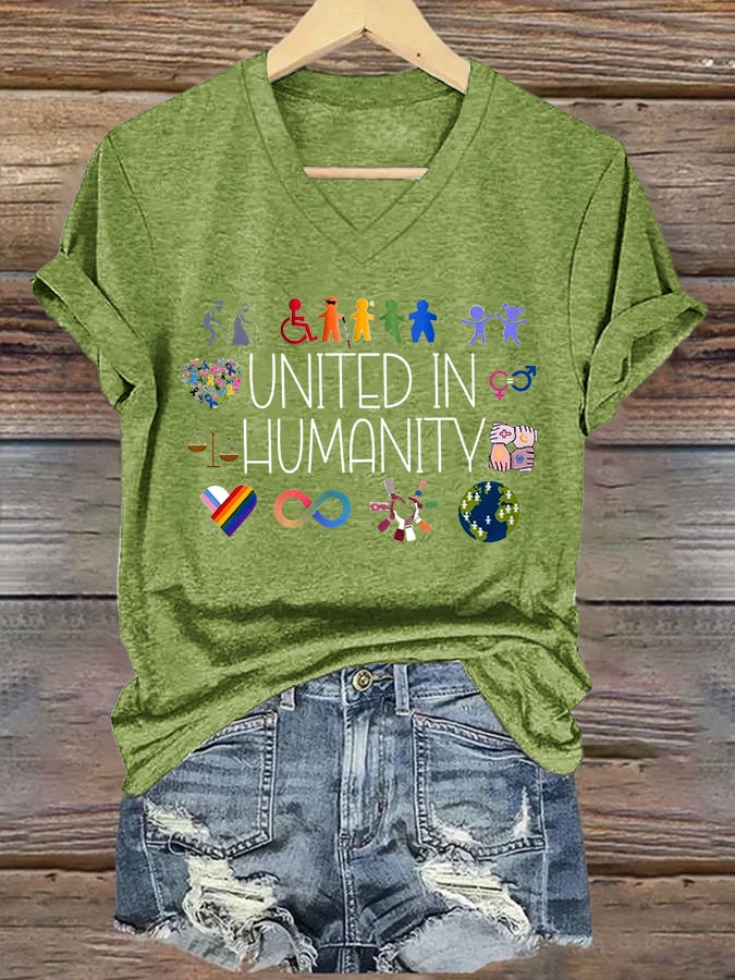 V-Neck Retro United In Humanity Diversity, Inclusion, Disability, Neurodiversity, Equality, Advocacy Print T-Shirt