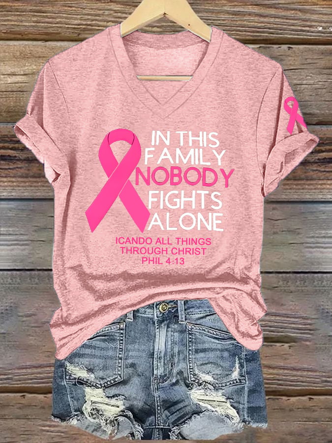 Women's Retro In This Family Nobody Fights Alone Breast Cancer Awareness Print T-Shirt