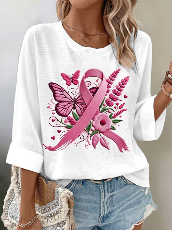 Women's Summer Pink Butterfly Embroidery Printed Casual Top