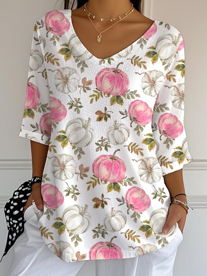 Women's Casual Pink Patchwork Print Pumpkin Bubble Wrinkle Top