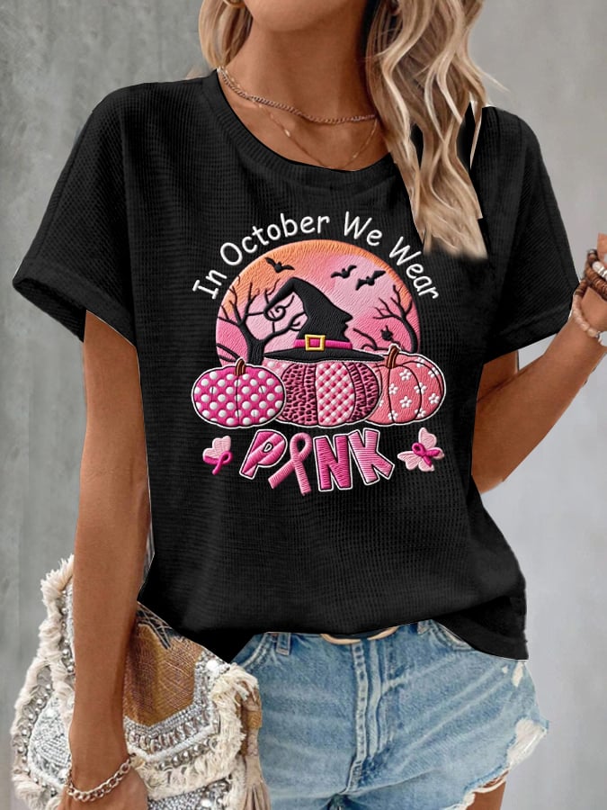 Women's Casual October We Wear Pink Ghost Waffle T-shirt