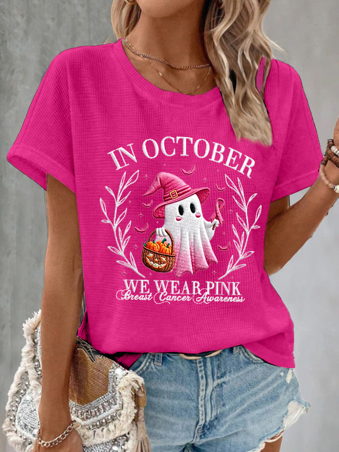 Women's Casual October We Wear Pink Ghost Waffle T-shirt
