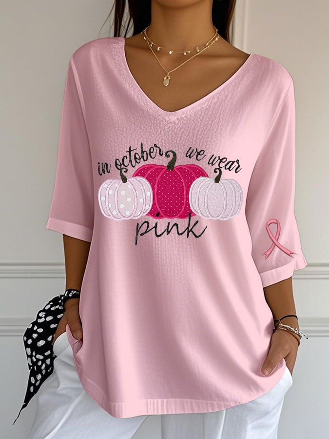 Women's Breast Cancer Print Casual V-Neck Top