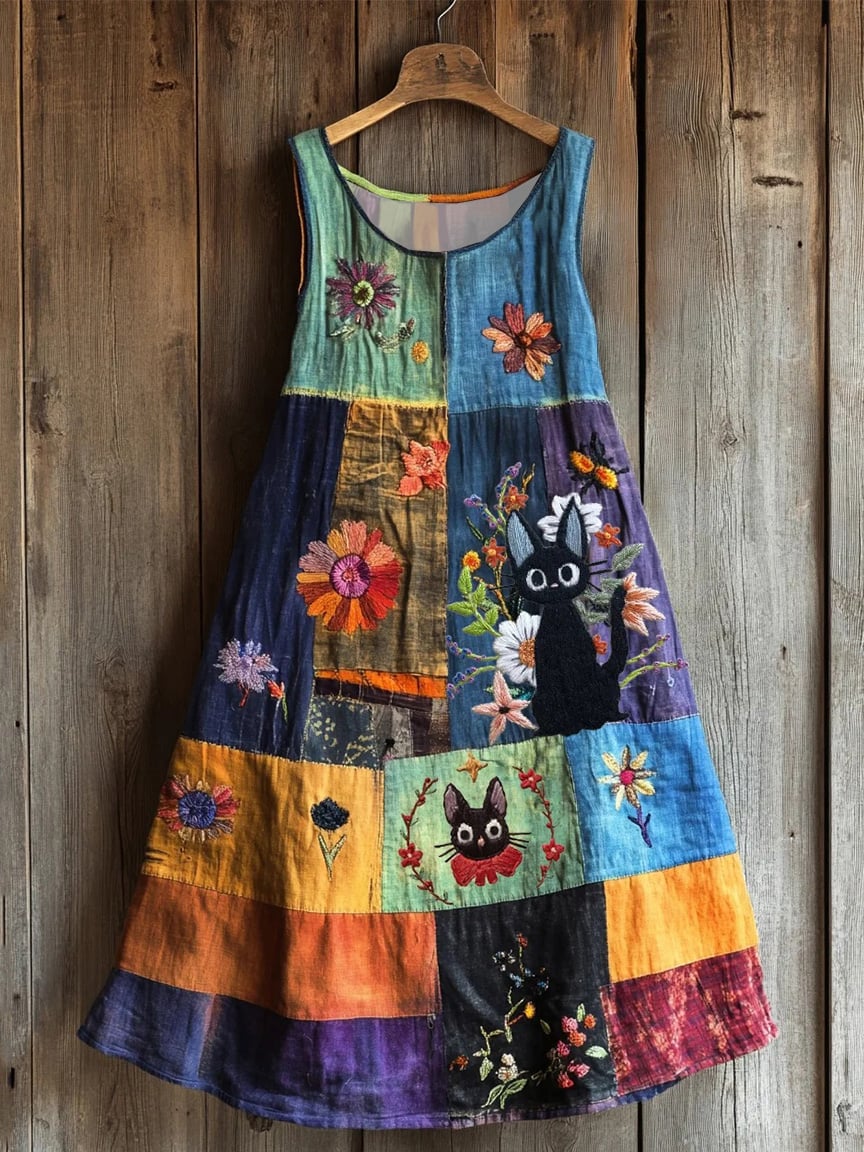 Women's Cute Kitten Floral Faux Embroidery Print Sleeveless Round Neck Dress