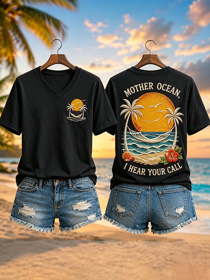 Women's Mother Ocean I Have Heard You Call Print V Neck T-Shirt