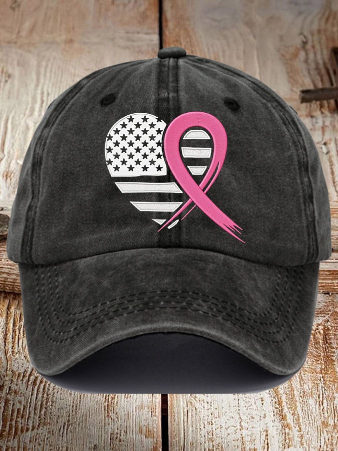 Unisex Breast Cancer Heart Ribbon Flag Print Baseball Cap