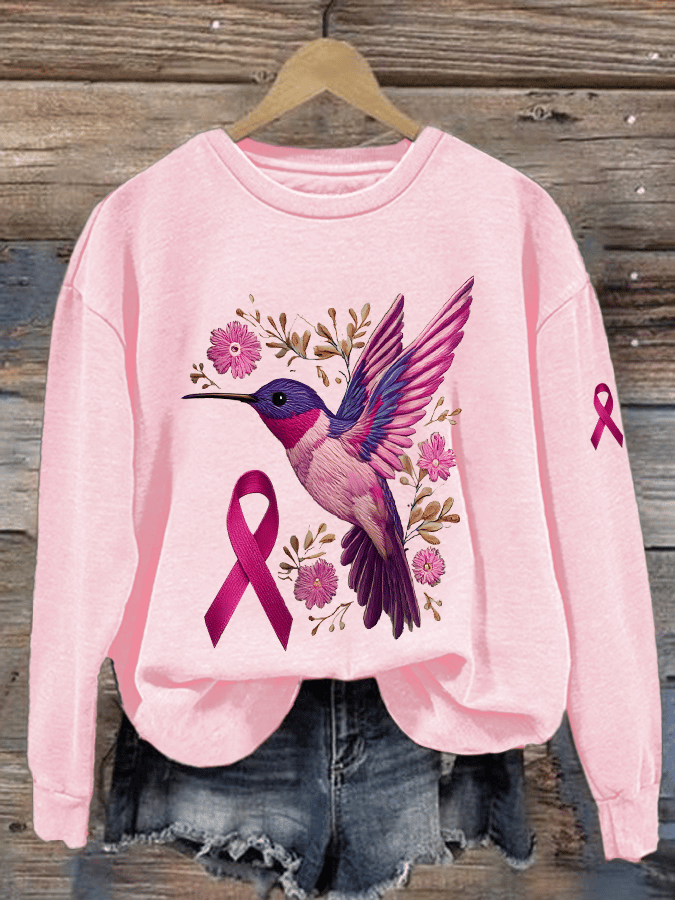 Women's Breast Cancer Awareness Hummingbird Print Crew Neck Sweatshirt