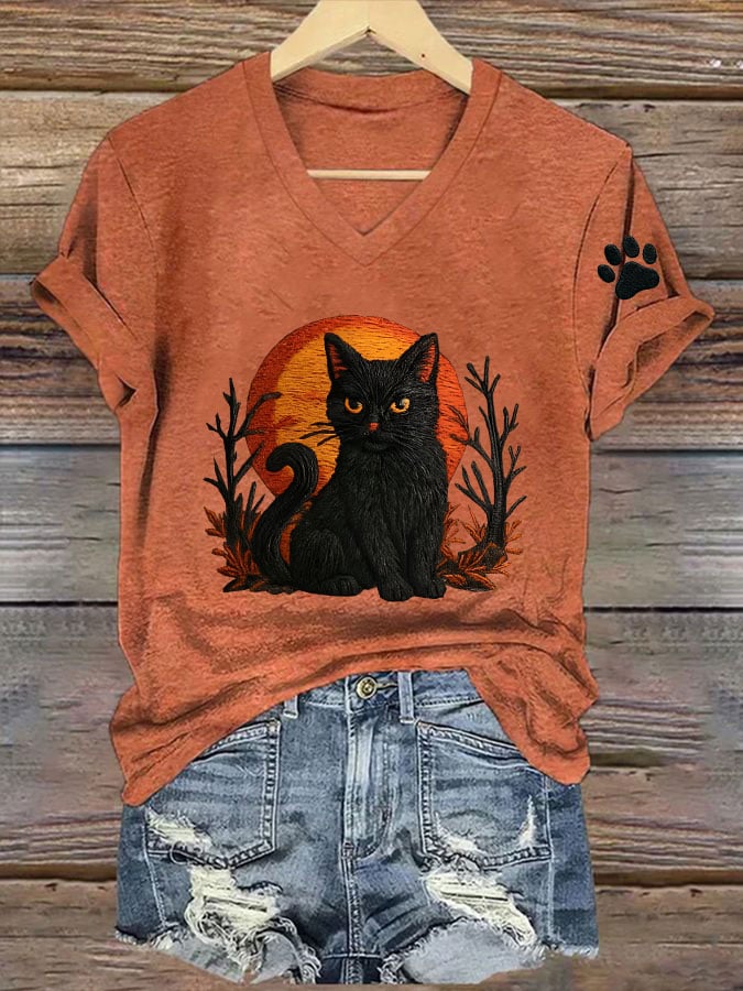 Women's Casual Vintage Black Cat Print T-Shirt
