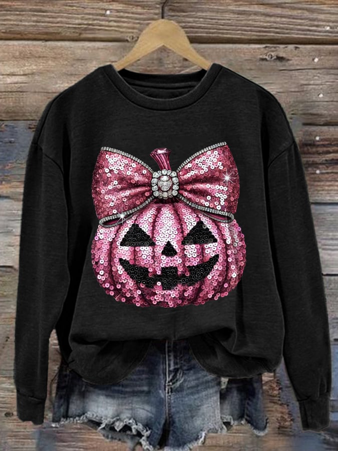 Women's Casual Pink Sequin Pumpkin Sweatshirt
