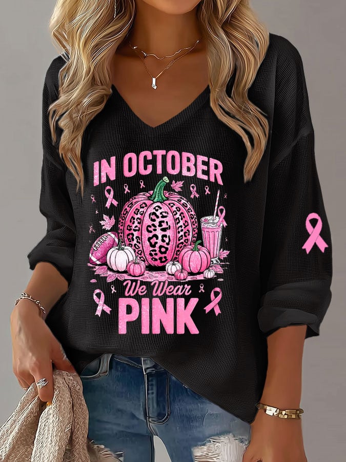 Women's Breast Cancer In October We Wear Pink Print Waffle Long-Sleeved T-Shirt